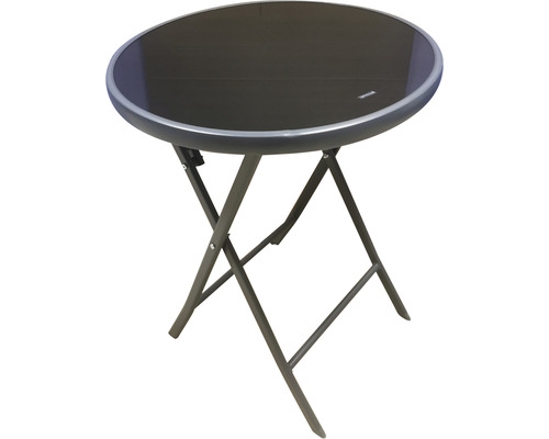 Table pliante ronde avec plateau en verre et structure en métal
