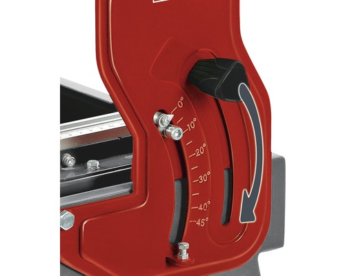 Detailansicht einer Fliesenschneidmaschine mit Winkelverstellung von 0 bis 45 Grad.