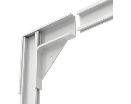 Detailaufnahme eines weißen Aluminiumprofils mit Eckverbinder für eine Terrassenüberdachung