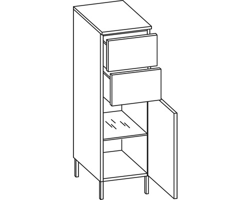 Armoire haute avec deux tiroirs, une porte et des étagères