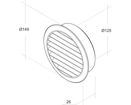 Schéma technique d''un clapet à disque rond avec les dimensions diamètre 149 millimètres, diamètre 125 millimètres et 26 millimètres de profondeur.