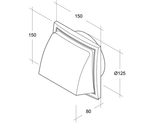 Dessin technique d''un ventilateur mural extérieur avec des dimensions de 150 x 150 x 80 millimètres et un diamètre de 125 millimètres.