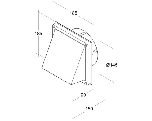 Schéma technique d''un passage mural avec les dimensions 185 x 185 x 90 millimètres et un diamètre de 145 millimètres.