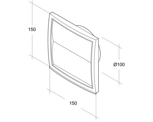 Dessin technique d''un ventilateur mural de dimensions 150 x 150 mm et d''un diamètre de 100 mm