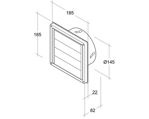Dessin technique d''une grille de protection contre les intempéries, dimensions 185 x 185 millimètres, diamètre du raccord de tuyau 145 millimètres