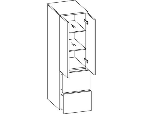 Hochschrank mit zwei Schubladen und offenen Türen mit drei Fächern