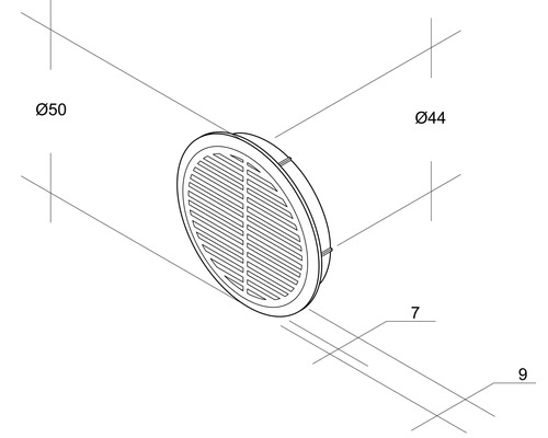 Dessin d''un drain rond avec des dimensions de 50 mm et 44 mm.