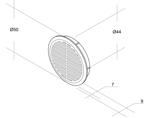 Schéma d''un drain rond avec des dimensions de 50 millimètres et 44 millimètres