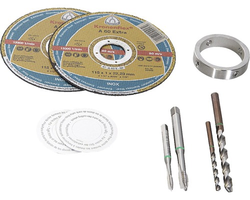 Zwei Trennscheiben, ein Befestigungsring, zwei Gewindebohrer und zwei Spiralbohrer.