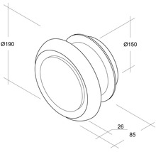 Technische Zeichnung einer Leuchte mit den Maßen Durchmesser 190 mm, Durchmesser 150 mm, 26 mm und 85 mm