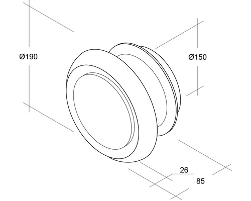 Technische Zeichnung einer Leuchte mit den Maßen Durchmesser 190 mm, Durchmesser 150 mm, 26 mm und 85 mm