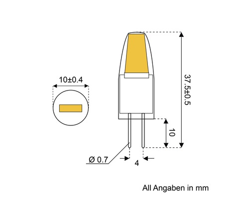 Technische Zeichnung einer Stiftsockellampe mit Maßangaben in Millimetern