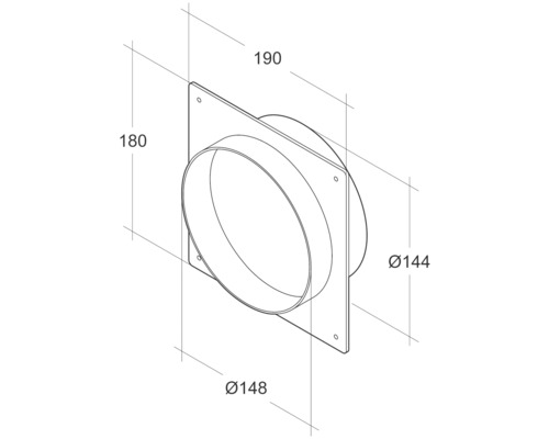 Technische Zeichnung eines Wandfutterrohrs mit den Maßen 190 mm Länge, 180 mm Höhe und einem Durchmesser von 144 mm.