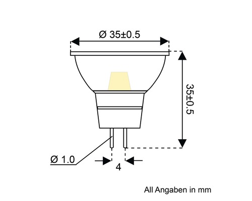 Diagramm einer MR11-Lampe mit den Maßangaben Durchmesser 35 Millimeter und Höhe 35 Millimeter