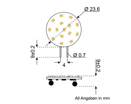 Dessin technique d''une lampe LED avec dimensions en millimètres