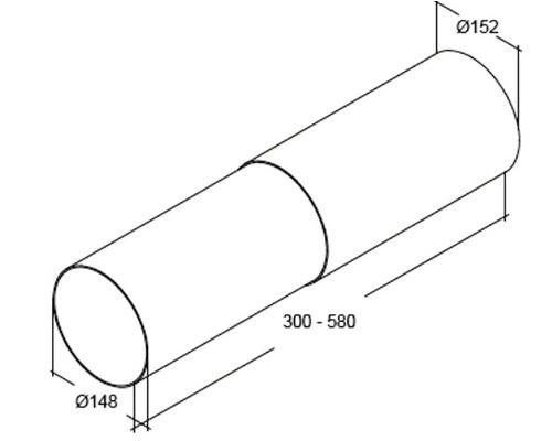 Dessin technique d''un conduit de ventilation rond avec les dimensions diamètre 148 millimètres et diamètre 152 millimètres, longueur 300 à 580 millimètres