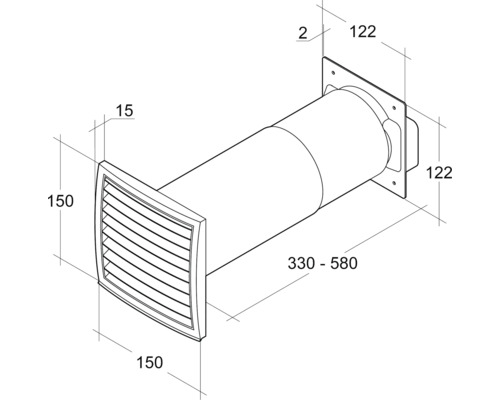 Schéma technique d''un tube de passage mural avec grille d''aération et indications de dimensions