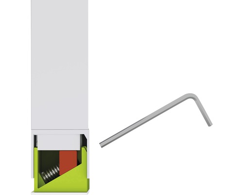 Seitenansicht von Zubehör für ein Bauelement und einem Inbusschlüssel