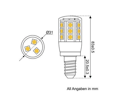 Schéma technique d''une lampe LED avec culot E14 et indications de dimensions en millimètres