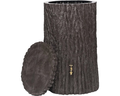 Regentonne in Baumstumpfoptik mit Wasserhahn und Deckel