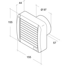 Dessin technique d''un ventilateur mural avec des dimensions de 155 x 155 x 44 mm et un diamètre de 97 mm.