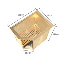 Plug & Play Sauna Karibu Jella inkl.3,6 kW Ofen u.integr.Steuerung mit Dachkranz und bronzierter Ganzglastüre-thumb-1