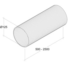Flexibler Lüftungsschlauch mit einem Durchmesser von 125 mm und einer Länge von 500 bis 2500 mm.