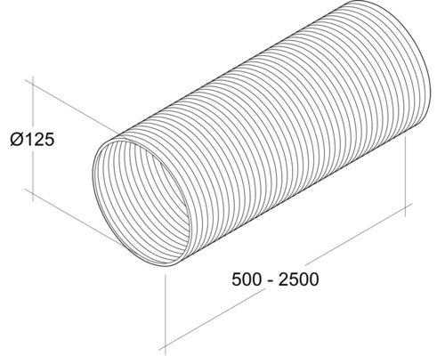 Flexibler Lüftungsschlauch mit einem Durchmesser von 125 mm und einer Länge von 500 bis 2500 mm.