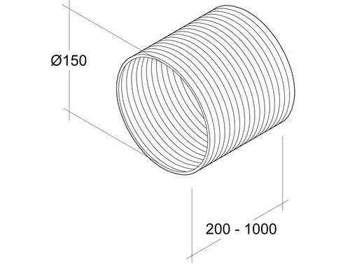 Flexibler Schlauch mit einem Durchmesser von 150 mm und einer Länge von 200 bis 1000 mm.