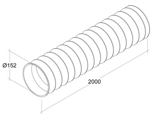 Illustration eines flexiblen Rohrs mit einem Durchmesser von 152 mm und einer Länge von 2000 mm.