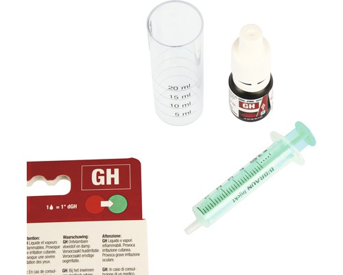 GH Tropfentest zur Bestimmung der Wasserhärte mit Messbecher, Flasche und Spritze