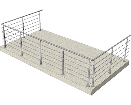 Geländer aus Edelstahl mit horizontalen Füllstäben auf einer Betonfläche