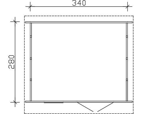 Schéma technique d''une cabane de jardin avec les dimensions 340 et 280.