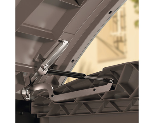 Detailaufnahme der geöffneten Deckelmechanik einer Aufbewahrungsbox