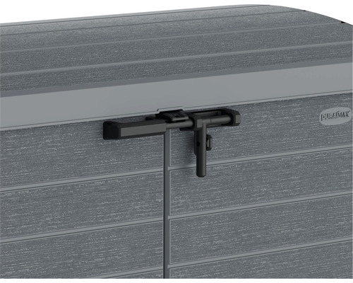 Detailansicht des Verschlusses einer grauen Aufbewahrungsbox