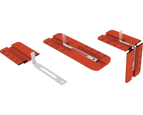 Drei Ansichten einer justierbaren Wasserwaage mit orangefarbenem Gehäuse und metrischen Markierungen.