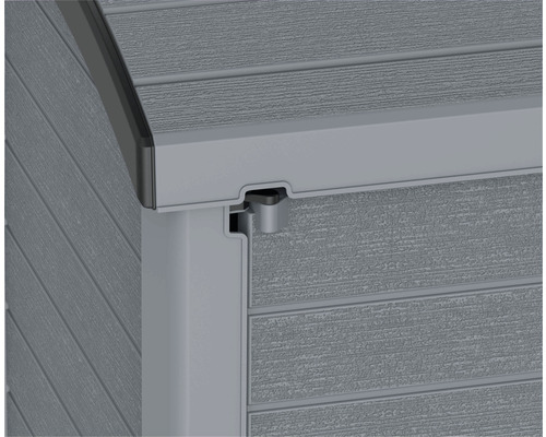 Detailansicht einer Gerätebox aus Kunststoff mit Holzoptik