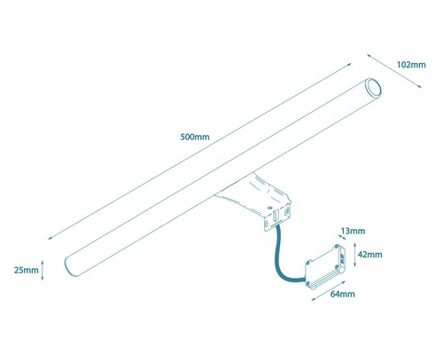 Technische Zeichnung einer 500 Millimeter langen Leuchte mit den Massen 102 Millimeter, 25 Millimeter, 13 Millimeter, 42 Millimeter und 64 Millimeter.