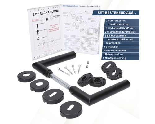 Türdrücker Set mit Rosetten, Vierkantstift, Schrauben, Bohrschablone und Montageanleitung