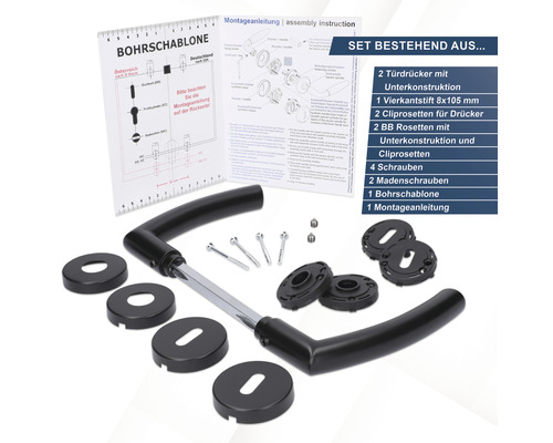 Türdrücker-Garnitur mit Rosetten, Vierkantstift, Schrauben, Bohrschablone und Montageanleitung