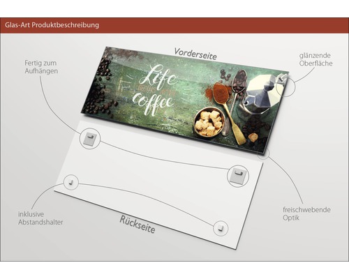 Tableau en verre avec l''inscription Life begins after coffee, avec entretoises et surface brillante