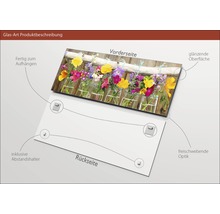 Glasbild mit Blumen in Einmachgläsern, inklusive Abstandshalter und glänzender Oberfläche