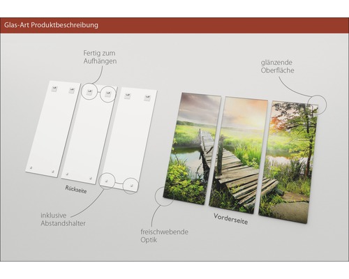 Glasbild mehrteilig mit Landschaftsmotiv und Wandhalterung