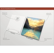 Description du produit Image en verre : Dos avec suspension et entretoise, devant avec paysage de montagne, surface brillante et aspect flottant