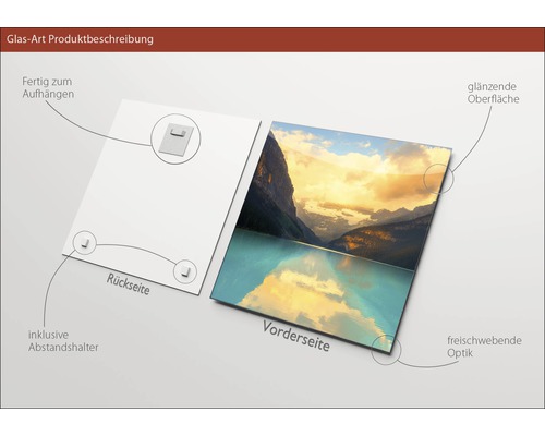 Produktbeschreibung Glasbild: Rückseite mit Aufhängung und Abstandshalter, Vorderseite mit Berglandschaft, glänzender Oberfläche und schwebender Optik