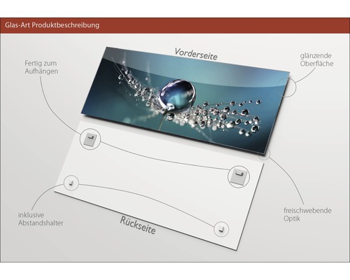 Description du produit en verre : recto avec surface brillante et verso avec entretoises incluses pour un aspect flottant, prêt à être accroché.
