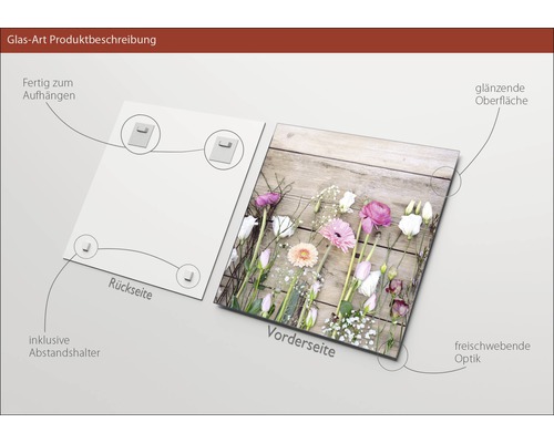 Image en verre avec motif floral, supports de fixation inclus