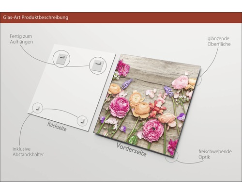 Image sur verre avec motif floral et dispositif de suspension au dos