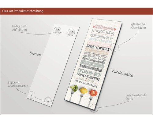 Tableau en verre avec motifs de cuisine, supports muraux inclus