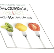 Image de cuisine avec des légumes sur des fourchettes et du texte
